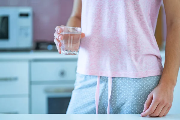Woman Pajamas Holds Glass Clear Purified Water Hands Morning Kitchen — 图库照片