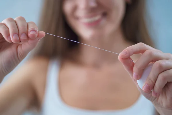 Happy Healthy Woman Uses Dental Floss Brushing Teeth Oral Hygiene — Stock Photo, Image