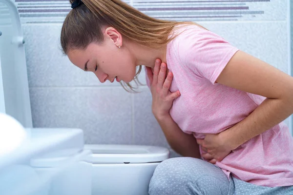 Young Woman Suffers Nausea Vomiting Due Digestive Stomach Illness Problems — Stock Photo, Image