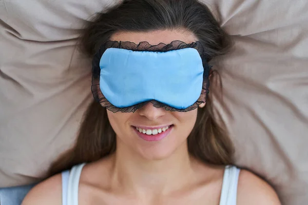 Happy Smiling Joyful Sleeping Female Using Eye Mask Better Sleep — Stock Photo, Image