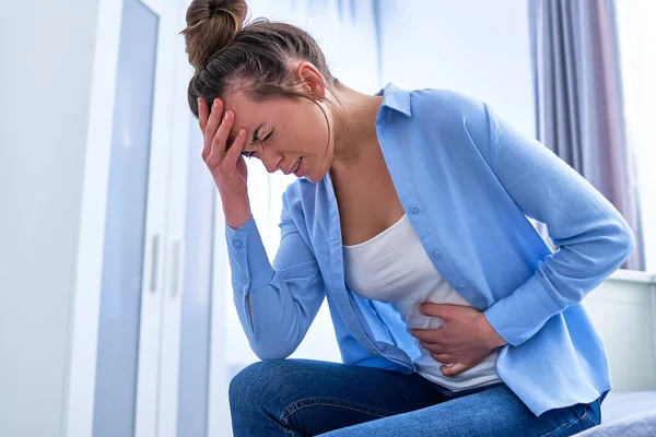 Sickness Woman Suffering Pms Menstruation Pain Having Stomach Ache Abdominal — Stock Photo, Image