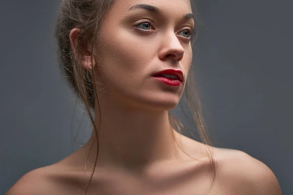 Beauty Portrait Beautiful Caucasian Brunette Woman Model Shiny Clean Natural — Stock Photo, Image