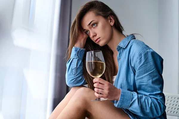 Young Upset Depressed Lonely Pensive Woman Sad Eyes Shirt Holds — Stock Photo, Image