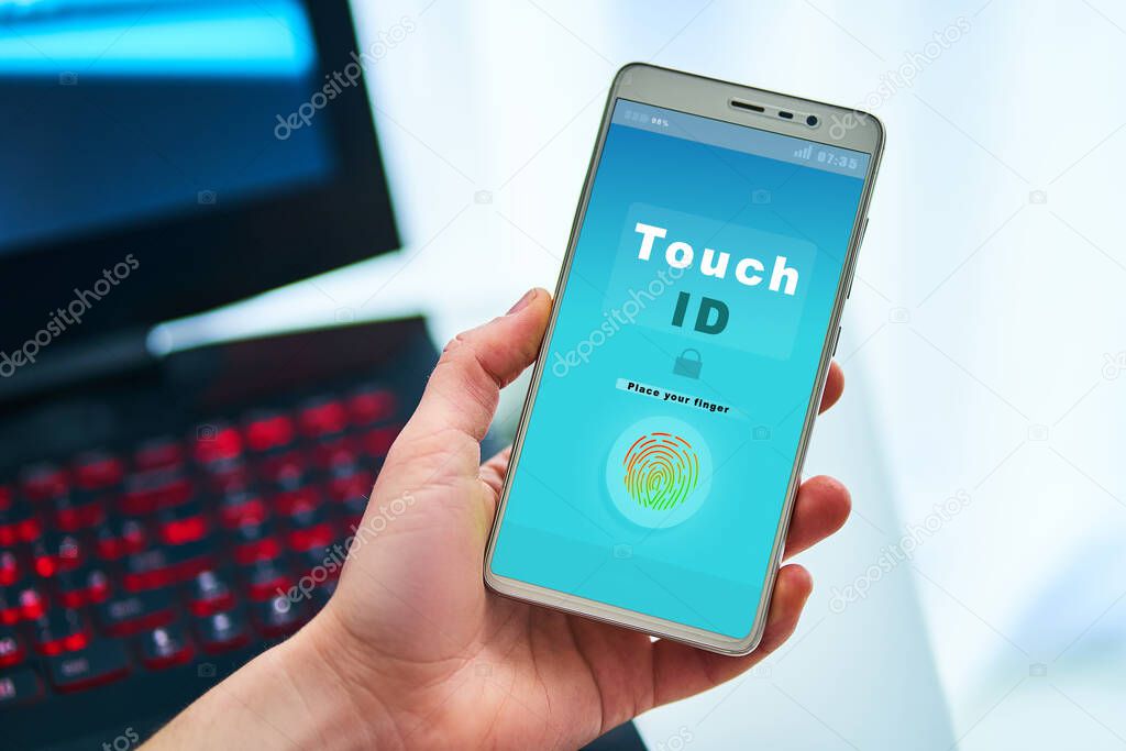 Unlocking smartphone using fingerprint recognition system. Touch identification access security scan. High tech technology 