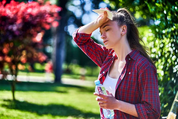 Young Tired Woman Suffering Hot Weather Outdoors Summer Day — Stock Photo, Image