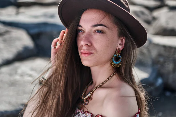 Portrait Beautiful Stylish Sensual Boho Chic Brunette Woman Long Brown — Stock Photo, Image