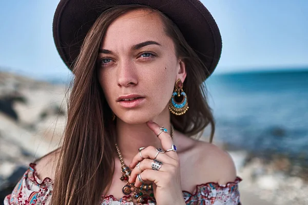 Portrait Beautiful Gorgeous Stylish Sensual Boho Chic Brunette Woman Brown — Stock Photo, Image