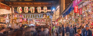 asakusa, japan - Kasım 08 2019: Tori-no-Ichi Fuarı 'nın panoramik manzarası tüccarların uğurlu bambu tırmıkları veya Engi Kumade' in iş hayatında başarı elde etmek için geldiği Ootori türbesinde düzenlendi.