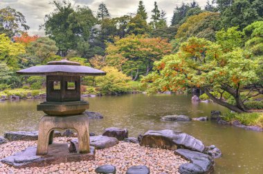 Tokyo, Japonya - 29 Ekim 2020: KyuFurukawa Parkı 'nda mimar Ogawa Jihei tarafından tasarlanan Japon bahçesinin kenarındaki Yukimi taşından bir fenerin altında sonbahar yağmurundan korunan kedi barınağı.