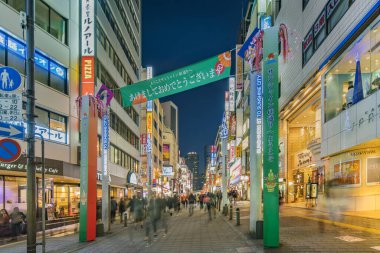Ikebukuro, Japonya - 31 Aralık 2019: Sunshine 60 Sokağının yaya geçidinde yeni yılın kutlamaları için dekore edilen ünlü otome yoluna çıkan kalabalığın gece görüntüsü.