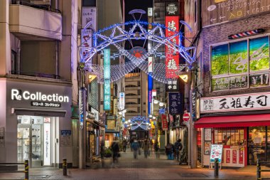 Ikebukuro, Japonya - 31 Aralık 2019: Ikebukuro istasyonunun doğu çıkışını yeni yıl için süsleyen Sunshine Central Caddesi 'nin aydınlatmalı giriş kapısının gece görüntüsü.