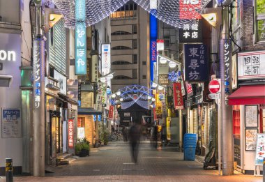 Ikebukuro, Japonya - 31 Aralık 2019: Ikebukuro istasyonunun doğu çıkışını yeni yıl için süsleyen Sunshine Central Caddesi 'nin aydınlatmalı giriş kapısının gece görüntüsü.