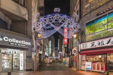 Ikebukuro, Japonya - 31 Aralık 2019: Ikebukuro istasyonunun doğu çıkışını yeni yıl için süsleyen Sunshine Central Caddesi 'nin aydınlatmalı giriş kapısının gece görüntüsü.