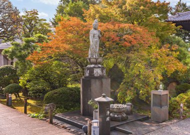 Tokyo, Japonya - 10 Kasım 2020: Kannon Bodhisattva 'nın barış tanrısı veya Tamonji Tapınağı' ndaki bir momiji akçaağacına karşı Shingon mezhebinin kurucusu Heiwa-Kannon Bosatsu 'nun dini heykeli.