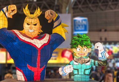 Chiba, japan - 22 Aralık 2018: Jump Festa 19 kongresi sırasında Kahramanım Akademisi 'nin anime karakterlerini ve mangasını tasvir eden boyanmış washi kağıdı ve tel çerçevesinden yapılmış ışıklı Nebuta fenerleri