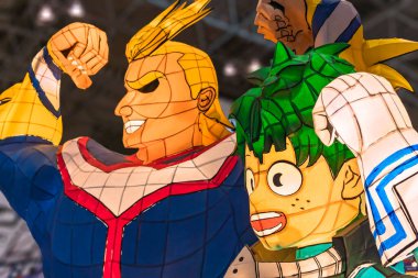 chiba, japan - december 22 2018: Illuminated Nebuta lanterns handmade of painted washi paper and wire frame depicting manga and anime characters of My Hero Academia during the convention Jump Festa 19