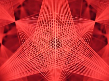Kaleydoskopik kırmızı arkaplan. Geometrik formlar şeklinde lazer ışınları tasvir ediyor. Çoklu ayna katmanlarında parlıyor ve yansıtıyor..