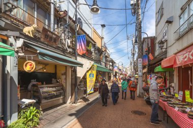 Tokyo, Japonya - Nisan 05 2019: Eski moda Yanaka-Ginza alışveriş caddesi yayaların geleneksel tempura veya bento dükkanlarında alışveriş yaptığı çatıdaki kedi heykelleriyle süslenmiş.