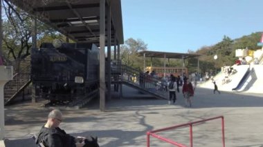 Tokyo, Japonya - Kasım 05 2019: Kale şeklinde salıncaklarla oynayan Japon çocukların eski buhar treni ile ünlü Asukayama parkının oyun meydanında slaytlarını gösteren sağ video.