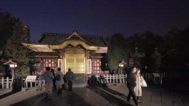 Tokyo, Japonya - Kasım 05 2020: Japon halkının, Tokugawa Shogun 'a adanmış ve geceleri önemli kültürel mülkiyet olarak sınıflandırılan altın Ueno Tosho-gu türbesinde dua ettiği video.