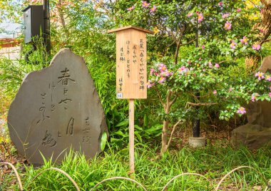 Tokyo, Japonya - 13 Kasım 2020: Japon taş kuhi steli Haiku şiiri harumoyaya 'ya ithaf edilmiştir. Bahar sisi, Mukojima-Hyakkaen Bahçelerine katkıda bulunan şair Matsuo Basho tarafından yazılmıştır..