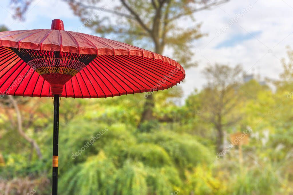Close up on a Japanese traditional nodategasa paper umbrella painted in a vivid scarlett color called beniiro and used for the open-air tea ceremony called nodate during which people enjoy green tea.