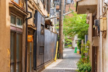 Tokyo, Japonya - 25 Haziran 2021 Kakurenbo yokocho sokağının eski ahşap ve sıva cepheleri, Ushigome Hanamachi 'nin antik kırmızı ışık bölgesinde saklanma ve arama sokağı anlamına geliyor..