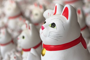 Tokyo, Japonya - 25 Haziran 2021: Bir kawaii Japon manekineko kedisine yakın çekim. Japon manekineko kedisi, Budist Got okuji zen tapınağında ibadet eden ünlü bir kediyi tasvir ediyor..