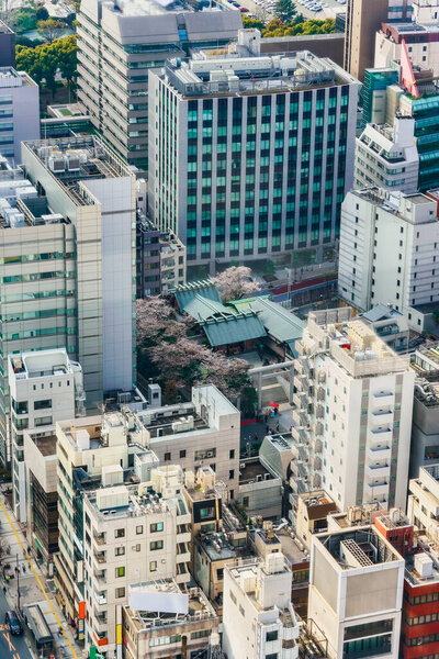 Tokyo, japan - april 25 2021: Bird's-eye view of the skyscrapers of Shiba-Shinmei Shopping Street dedicated to the name of the Shiba-daijingu Shinto Shrine surrounded by cherry blossoms.