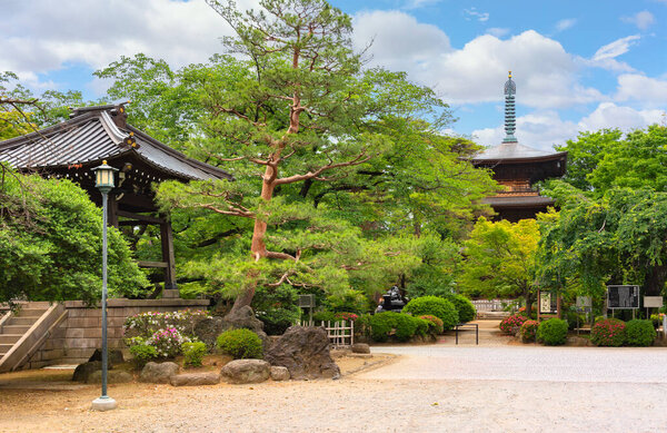 tokyo, japan - 5 июня 2021 года: Японская колокольня и буддийская трехэтажная деревянная пагода во внутреннем саду храма Gotokuji zen, известного как место рождения кошки manekineko, означающее "манящая кошка".