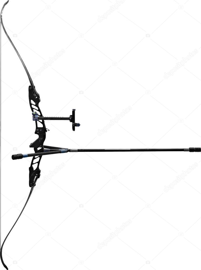 Clipping isolated photography of a professional recurve bow in carbon fibre with stabilizers made for para archery used by disabled archers during paralympics games and official competitions.