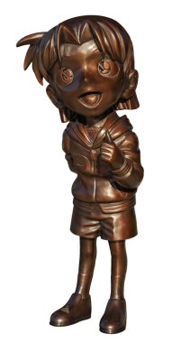 osaka, Kyobashi - 6 Aralık 2024: Japon anime karakteri Ayumi Yoshida 'nın tenha bronz heykeli namı diğer Case Closed namı diğer Amy Yeager Gosho Aoyama tarafından beyaz arka planda yaratılan Dedektif Conan.