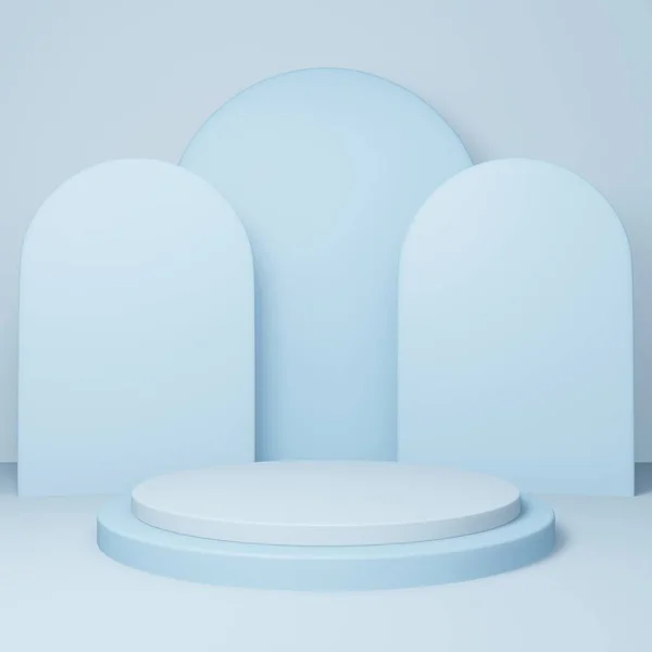 3D yuvarlak podyum veya kaidesi mavi boş stüdyo odası, minimal ürün arka planı, görüntü için şablon, geometrik şekil