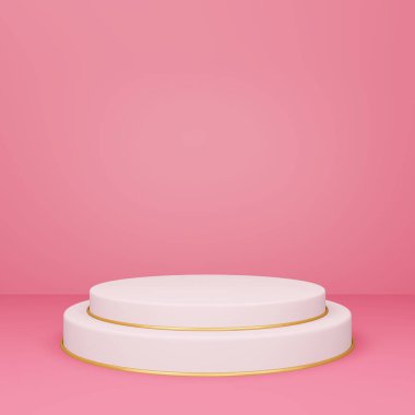 3D yuvarlak podyum veya kaidesi kırmızı boş stüdyo odası, minimal ürün arka planı, sergi için şablon, sevgililer günü