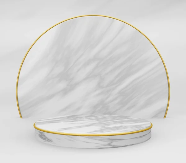 3D大理石圆台或有金戒指的基座 白色大理石空房间 最小的产品背景 化妆品展示的模板模型 圆柱形状的几何形状 奢侈的概念 — 图库照片