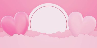 Sevgililer günün kutlu olsun, aşk konsepti arka plan, pembe ve beyaz 3D kalp gökyüzünde bulutlar, tebrik kartı, fotokopi alanı ile daire şeklinde pankart