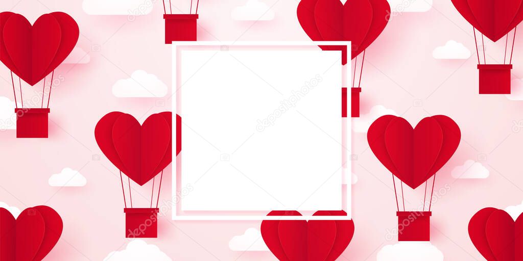 Valentine's day, template for love concept, red heart shaped hot air balloons floating in the sky with cloud, paper art style, blank space for text and frame, banner background