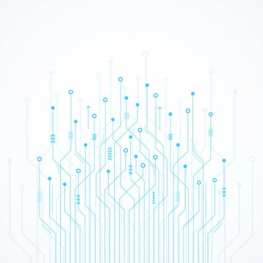 Soyut Teknoloji Arkaplanı, dijital ok hızı ve mavi devre kartı şablonu, mikroçip, güç hattı, boşluk