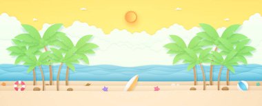 Yaz zamanı, deniz manzarası, manzara, hindistan cevizi ağaçları ve dalgalı deniz, parlak güneş ve turuncu güneşli gökyüzü, kağıt sanatı tarzı yaz şeyleri.