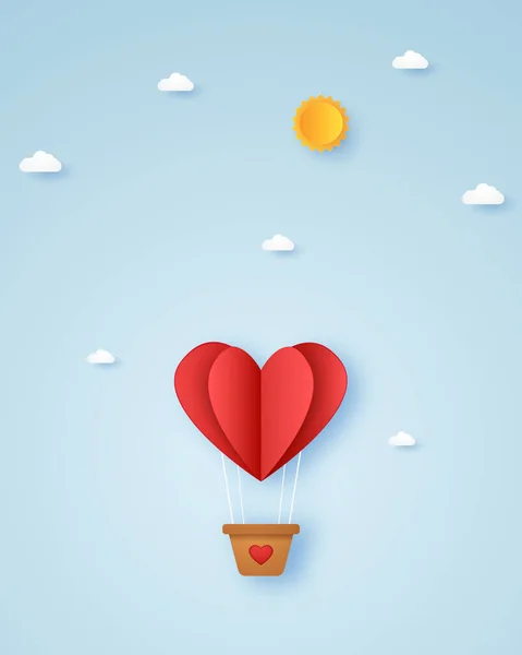 情人节 爱情的图解 红心热气球在空中飞舞 造纸艺术风格 — 图库矢量图片#
