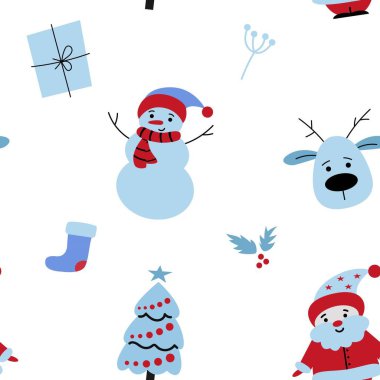 Yeni yıl, Noel unsurları. Düz bir şekilde şenlikli kış deseni.