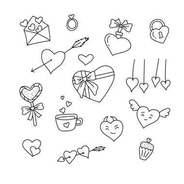 Sevgililer Günü için bir takım elementler. Doodle tarzı