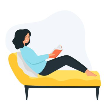 Kız kanepede yatıyor. Genç bir kadın boş zamanını kitap okuyarak geçirir.