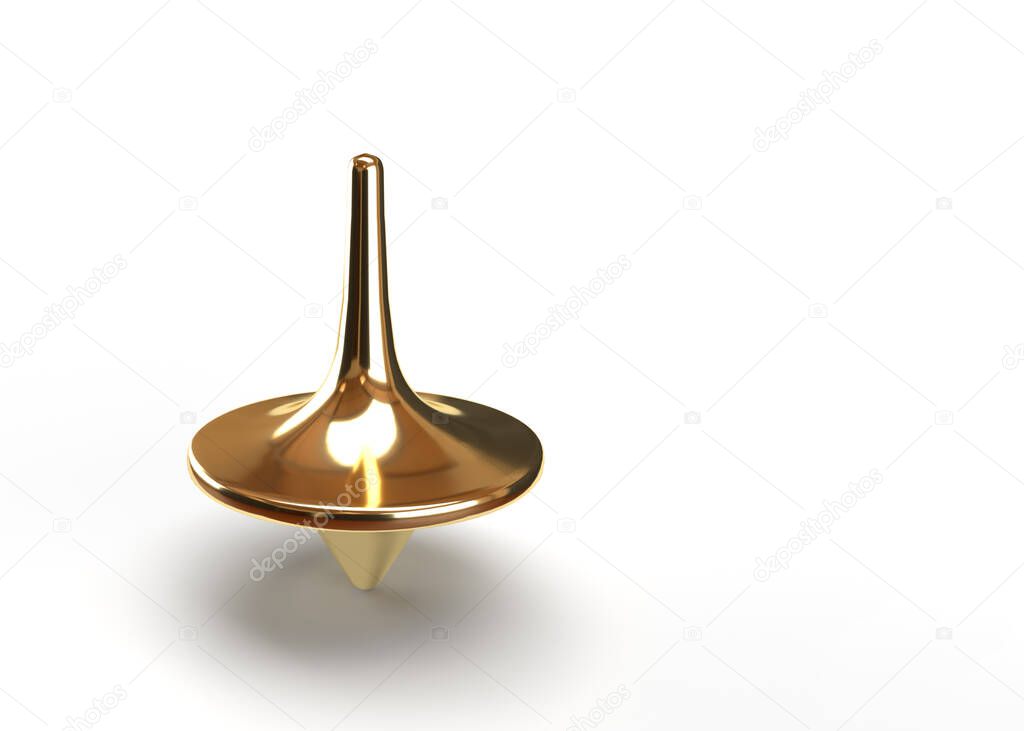 Gold spinning top on white background 3D rendering