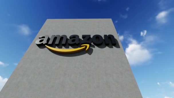 Amazon logo na stěně, Pouze pro redakční použití, 3D animace, časový odstup