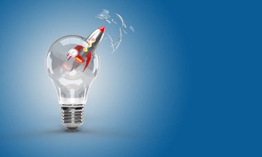 İllüstrasyonu başlat, fikir ampulüne roket fırlat, 3B görüntüleme