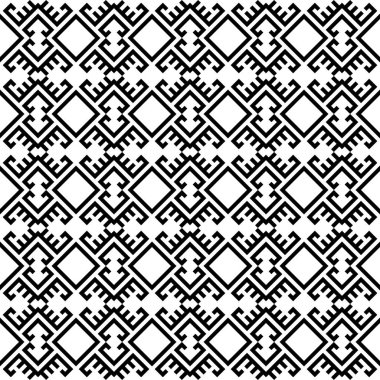 Etnik Aztek desenli tasarım siyah beyaz renkte. Arkaplan, çerçeve, sınır veya dekorasyon için tasarım. Ikat, geometrik desen, yerli Hintli, Navajo, İnka