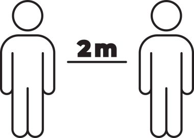 Lütfen sosyal mesafe. Beyaz arka planda izole edilmiş bir mesafe simgesi, 2 metre içinde iki siyah beyaz insan silueti. Güvenlik önlemi resimli togram. İnsanların uzaklık çizelgeleri, ofiste sağlık hizmetleri. Virüs, salgın önleme