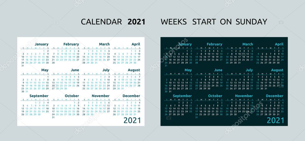 2021 calendar template. 2021 yearly minimalistic calendar. 12 months yearly calendar 2021.