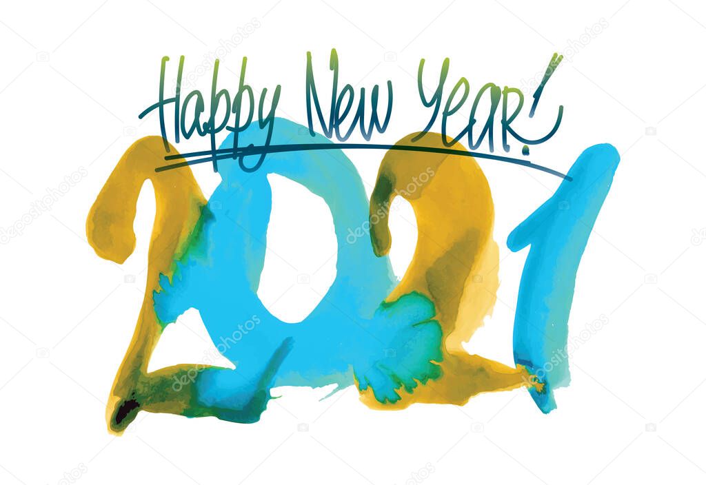 Happy New Year 2021 watercolor hand drawned postcard, poster or invitation.